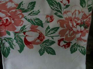 Stunning Vintage Barkcloth Tablecloth W/pink & Crimson Cabbage Roses 51 " X 64 "