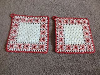 Collectible Handmade Crochet Pot Holder Set 2 Red Sparkle White 6 " Loop To Hang