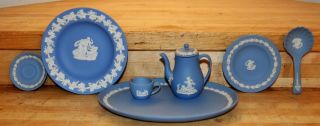 Wedgewood Blue Japanese Mini Tea Pot Set W/ Platter,  Spoon,  Teacup & 2 Plates