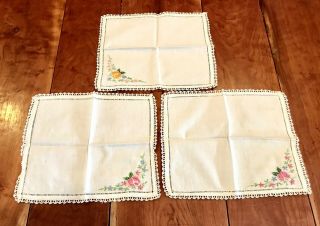 Vintage Set Of 3 Hand Embroidered Floral Cotton Dinner Napkins Crocheted Edging