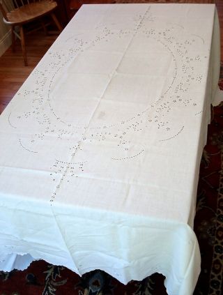 Vintage Large Linen Tablecloth Eyelet Embroidery Scalloped Hem 86 " By 100 "