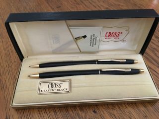 Vintage Cross Classic Black Gold Tone Pen & Pencil Set 2501 W/ Papers