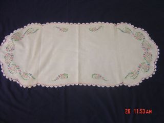 Vintage Embroidered Cotton Table Runner/dresser Scarf With White Crocheted Edge