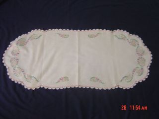Vintage Embroidered Cotton Table Runner/Dresser Scarf with WHITE Crocheted Edge 2