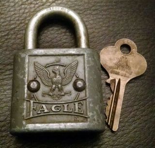 Eagle Padlock Steel Terryville Old Vintage Antique Lock Embossed W/ Key
