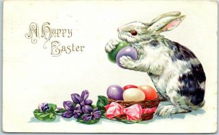 Vintage Stecher Holiday Postcard " Happy Easter " Bunny Rabbit / Colored Eggs 1915
