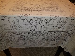 Elegant Vintage Quaker Lace Linen Cotton Tablecloth Cream 77 X 66