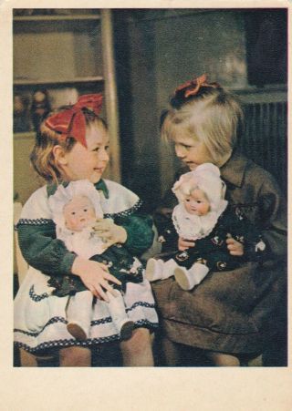 1958 Cute Little Girls W/ Dolls Toys Friends Real Photo Russian Soviet Postcard