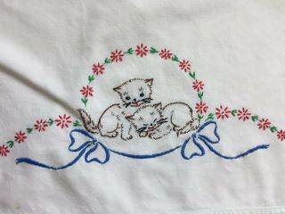 Vintage Retro Pair Cotton Embroidered Pillow Cases Cats Kitty Kittens Flowers