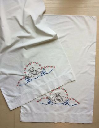 Vintage Retro Pair Cotton Embroidered Pillow Cases Cats Kitty Kittens Flowers 2