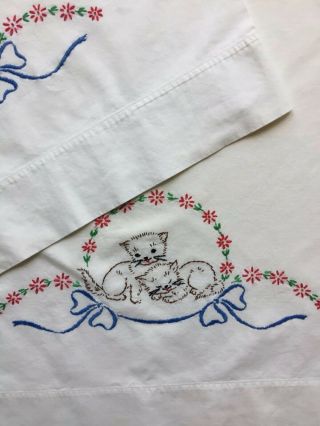 Vintage Retro Pair Cotton Embroidered Pillow Cases Cats Kitty Kittens Flowers 3