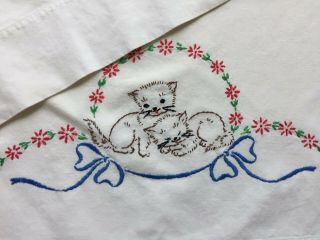 Vintage Retro Pair Cotton Embroidered Pillow Cases Cats Kitty Kittens Flowers 5