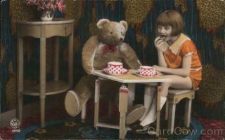 A Girl Sits At A Tea Party With A Teddy Bear Postcard Aoye Vintage Post Card