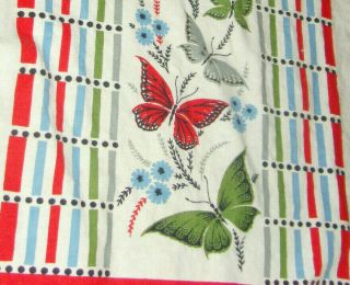 Red Vtg Vintage Kitchen Tea Towel Linen Flowers Floral Butterfly Butterflies