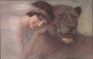Woman With A Lion Postcard Vintage Post Card