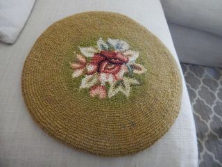 Vintage Hooked Rug Round Chair / Seat Cover Made In Japan Floral Center