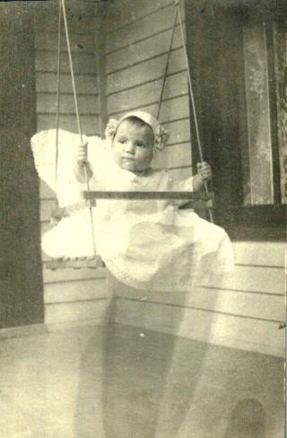 Vintage Photo Baby White Dress Bonnet In Porch Swing House Outdoors