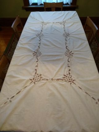 Battenburg Lace Tablecloth Large Vintage Ivory Off White,  60” X 100” Cotton