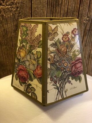 Vintage 6 Sided Heavy Parchment Floral Design Lampshade Signed T.  L.  Prevost 2