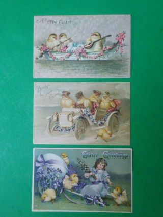 3 Antique Embossed Easter Postcards Chicks In Boat,  Car & Carriage