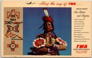 Twa Trans World Airlines Advertising Postcard " Indian Country " Nm Az Linen 1952