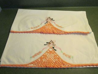 Vintage Pillowcases Embroidered Southern Belle W Peach Crochet Skirt