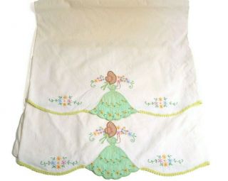 Vtg Embroidered Southern Belle Standard Pillowcase Set Scalloped Craft Cutter