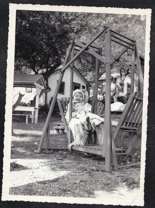 Vintage Antique Photograph Adorable Baby Sitting In Glider Swing In Backyard