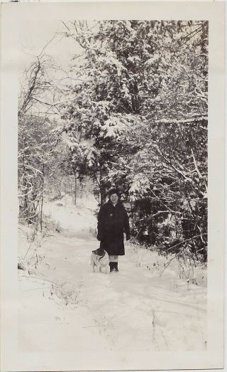 Vintage Antique Photograph Woman Going For Walk With Puppy Dog In The Snow