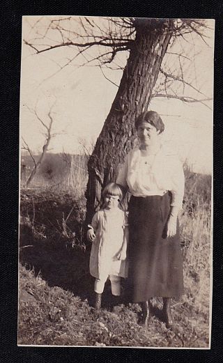 Antique Vintage Photograph Woman Standing With Little Girl Near Tree In Yard