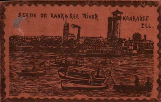 Scene On Kankakee River,  Kankakee,  Il Vintage Leather Postcard