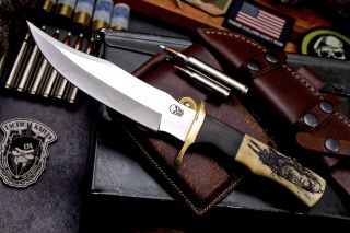 Cfk Handmade D2 Custom Indian Chief Scrimshaw Bone Fighter Combat Military Knife