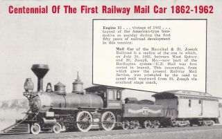 Burlington Railroad First Railway Mail Train Car Centennial Postcard 1962