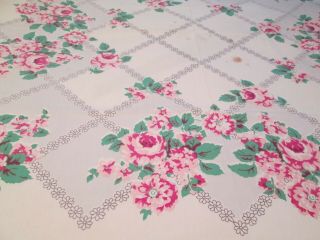 Vintage Tablecloth Pink Roses Flowers On White Cotton 47 " X 50 "