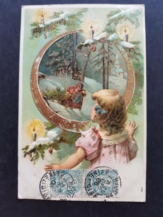 Vintage Antique Christmas Greetings Children Winter Embossed Postcard 1908
