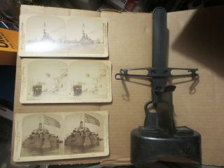 Vintage Metal Stereoscope Viewer With 3 Cards War Ships Uss Oregon Iowa Indiana