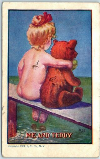 Vintage Artist - Signed M.  D.  S.  Postcard " Me And Teddy " Naked Girl Teddy Bear 1908