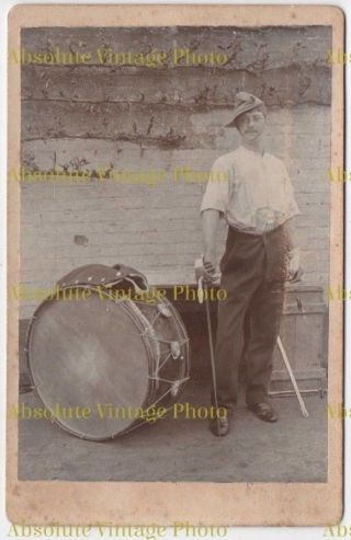Old Military Cabinet Photo Soldier In Slouch Hat With Sword & Bass Drum C.  1900