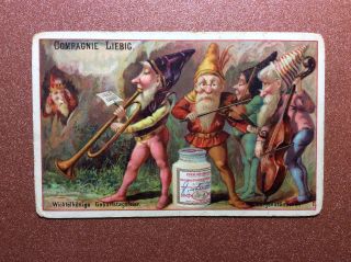 Antique Card Circa 1886 Gnomes Dwarf Feast King Violin Trumpet.  Compagnie Liebig