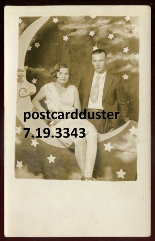 3343 - Real Photo Postcard 1910s Paper Moon Stars & Romantic Couple