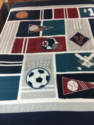 Vintage Hand Crafted Hand Quilted AppliquÉ Sports Quilt Pottery Barn Kids 84/87