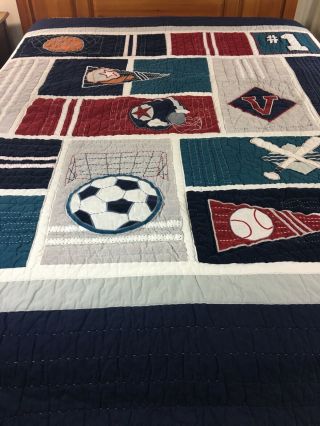 VINTAGE HAND CRAFTED HAND QUILTED APPLIQUÉ SPORTS QUILT POTTERY BARN KIDS 84/87 2