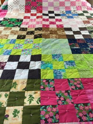 Colorful Vintage Handmade Nine Patch Quilt 93 " X 82 " Hand Tied