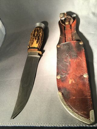 Vintage G.  C.  Co.  Solingen Germany 457 Stag Handles Hunting Knife & Sheath.