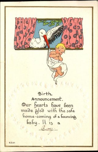 Birth Announcement Stork Baby Boy 1915 Bergman Postcard