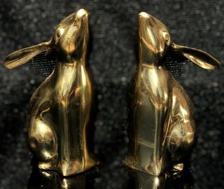 RH Brass Bookends Rabbit Bunny Statue Pair Heavy Solid Stand 2