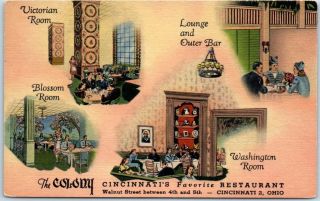 Cincinnati,  Ohio Postcard The Colony Restaurant Walnut St.  Curteich Linen 1940s