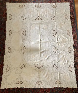 Vintage White Lace Cut Work Linen Embroidery Tablecloth 83” X 65”