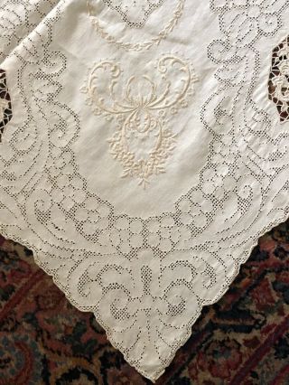 Vintage White Lace Cut Work Linen Embroidery Tablecloth 83” X 65” 2