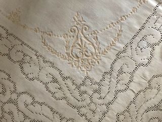 Vintage White Lace Cut Work Linen Embroidery Tablecloth 83” X 65” 4